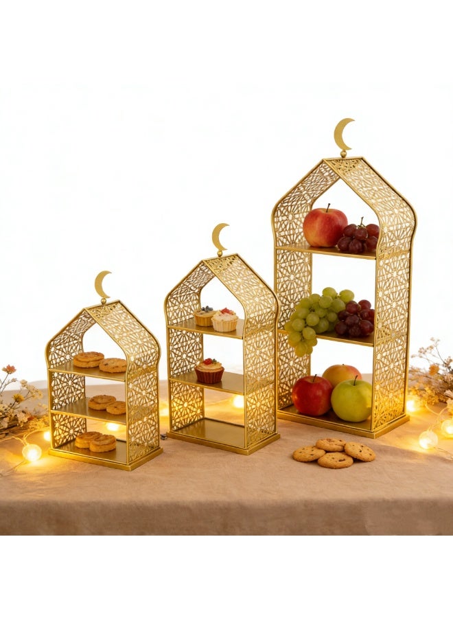 3-Piece Golden Decorative Display Shelves – Premium Metal Serving Racks for Ramadan, Eid, Weddings, Ideal for Fruit, Pastries, and Table Centerpieces（YB212） - Image 2